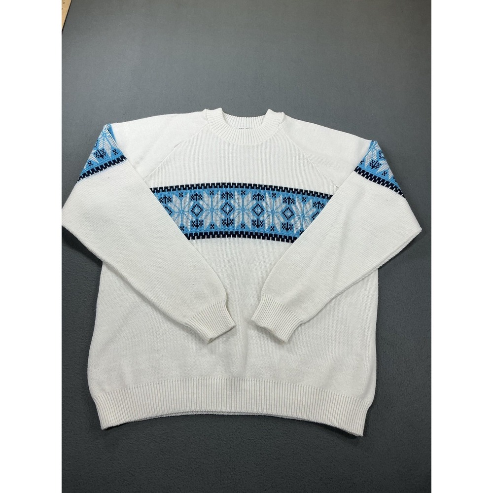 Lamb Knit Sweater Mens 2XL White Blue‎ Fair Isle Ski Crewneck Pullover Snowflake